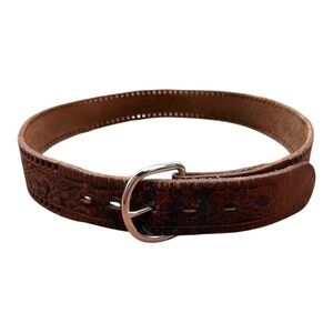 Embossed Leather Western-Style Belt With Silver Metal Buckle - Size 34